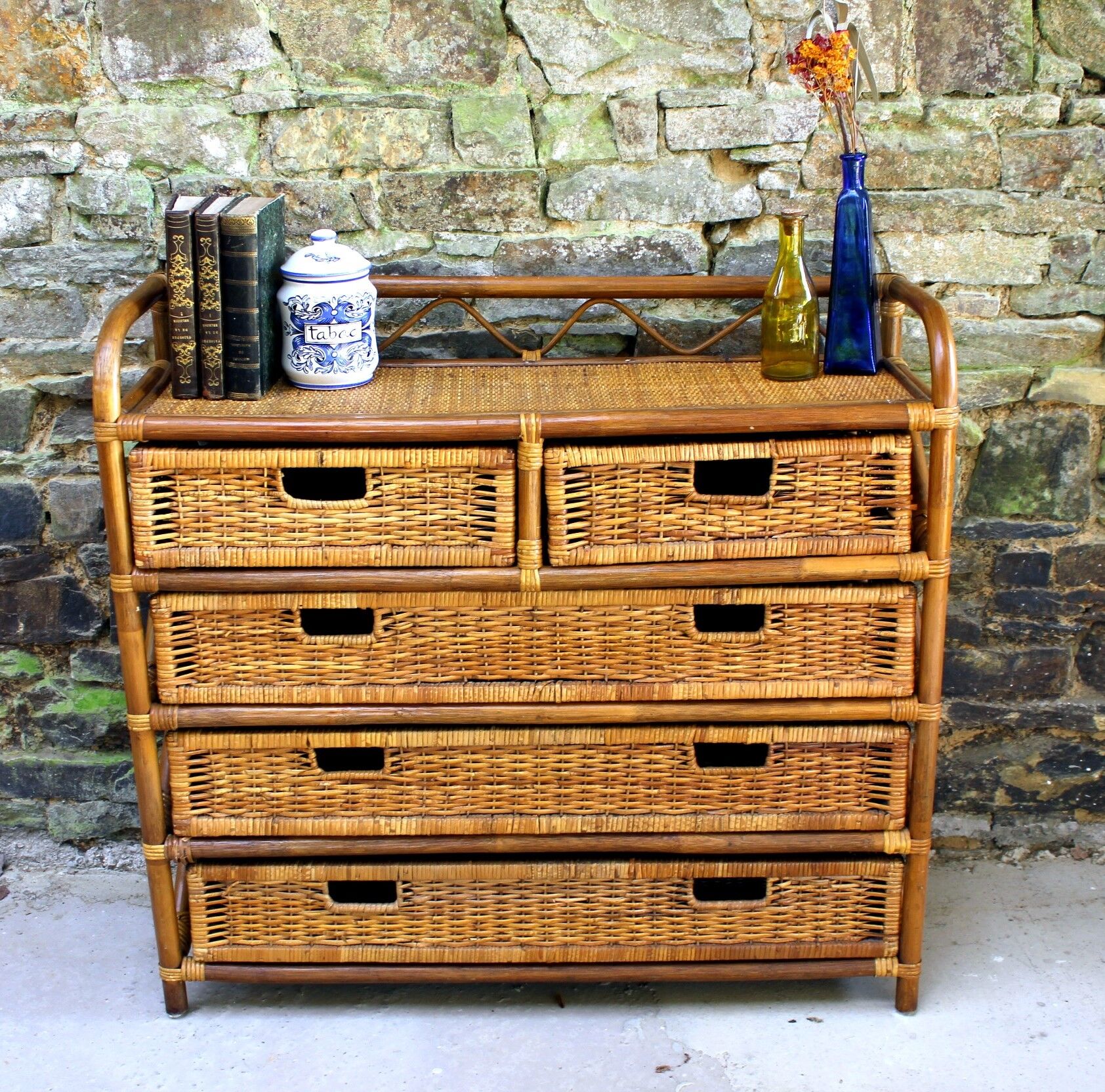 Rattan furniture and wicker vintage chest of drawers chiffonnier 70s