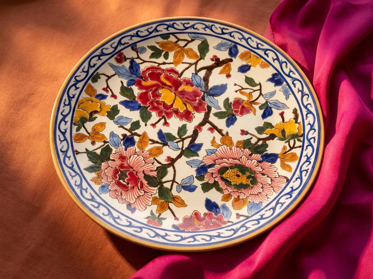 Large decorative plate Gien – French earthenware – multicoloured flowers – Ø 30