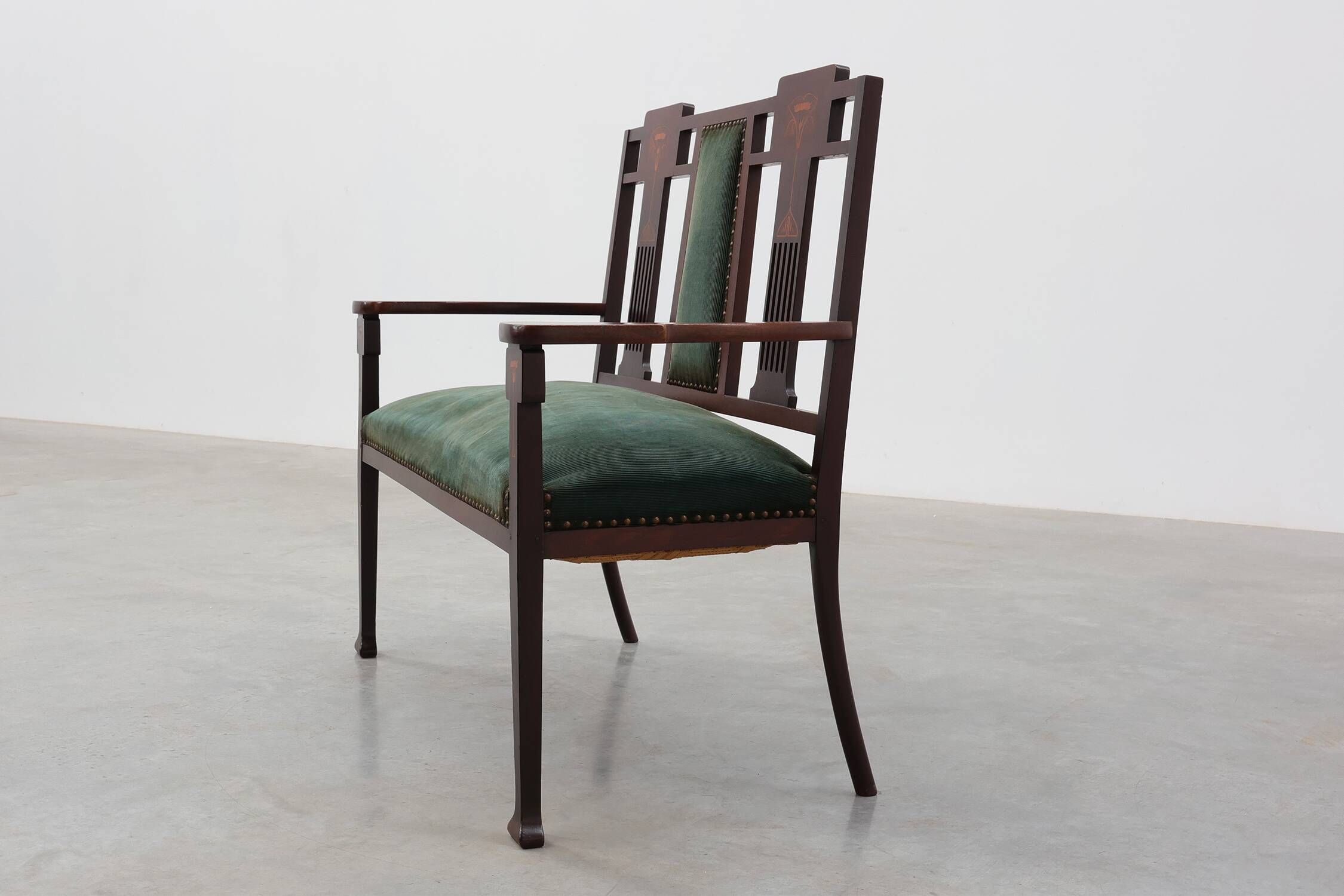 Art Nouveau Walnut Settee with Floral Marquetry, Belgium, ca. 1900
