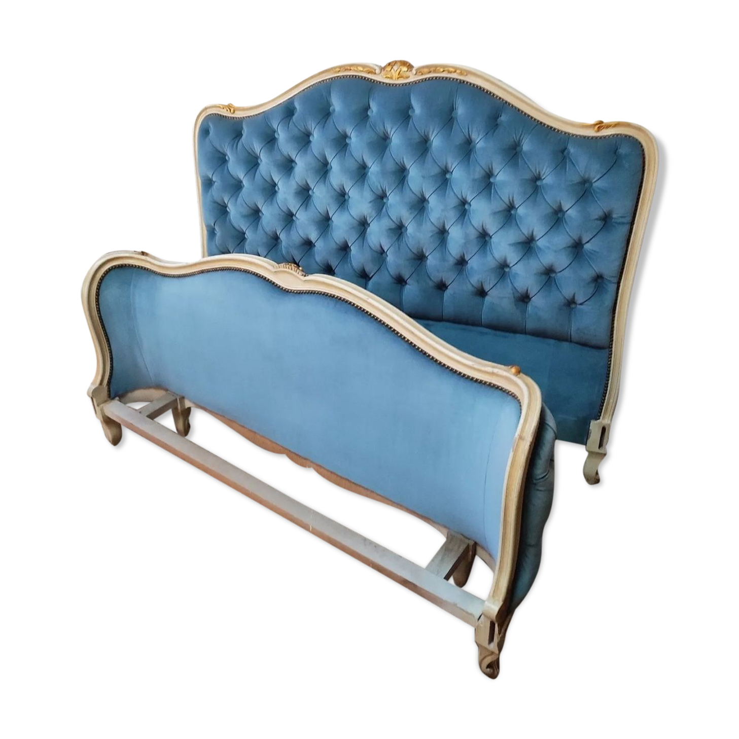 Frame and headboard louis xv upholstered blue velvet