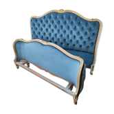 Cadre et tête de lit Louis XV velours bleu capitonnée