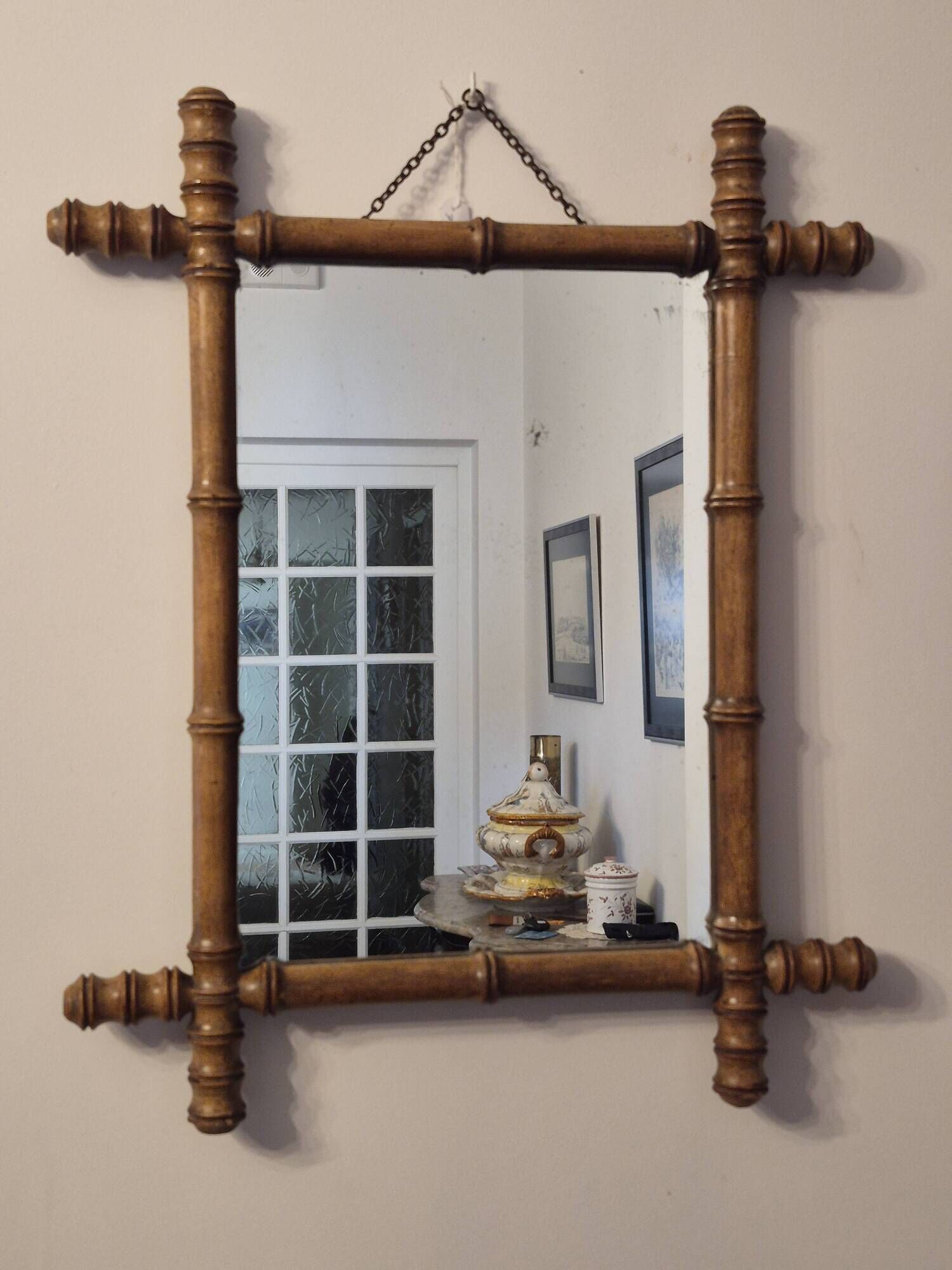 Antique turned wooden mirror in bamboo style, late 19th century A117