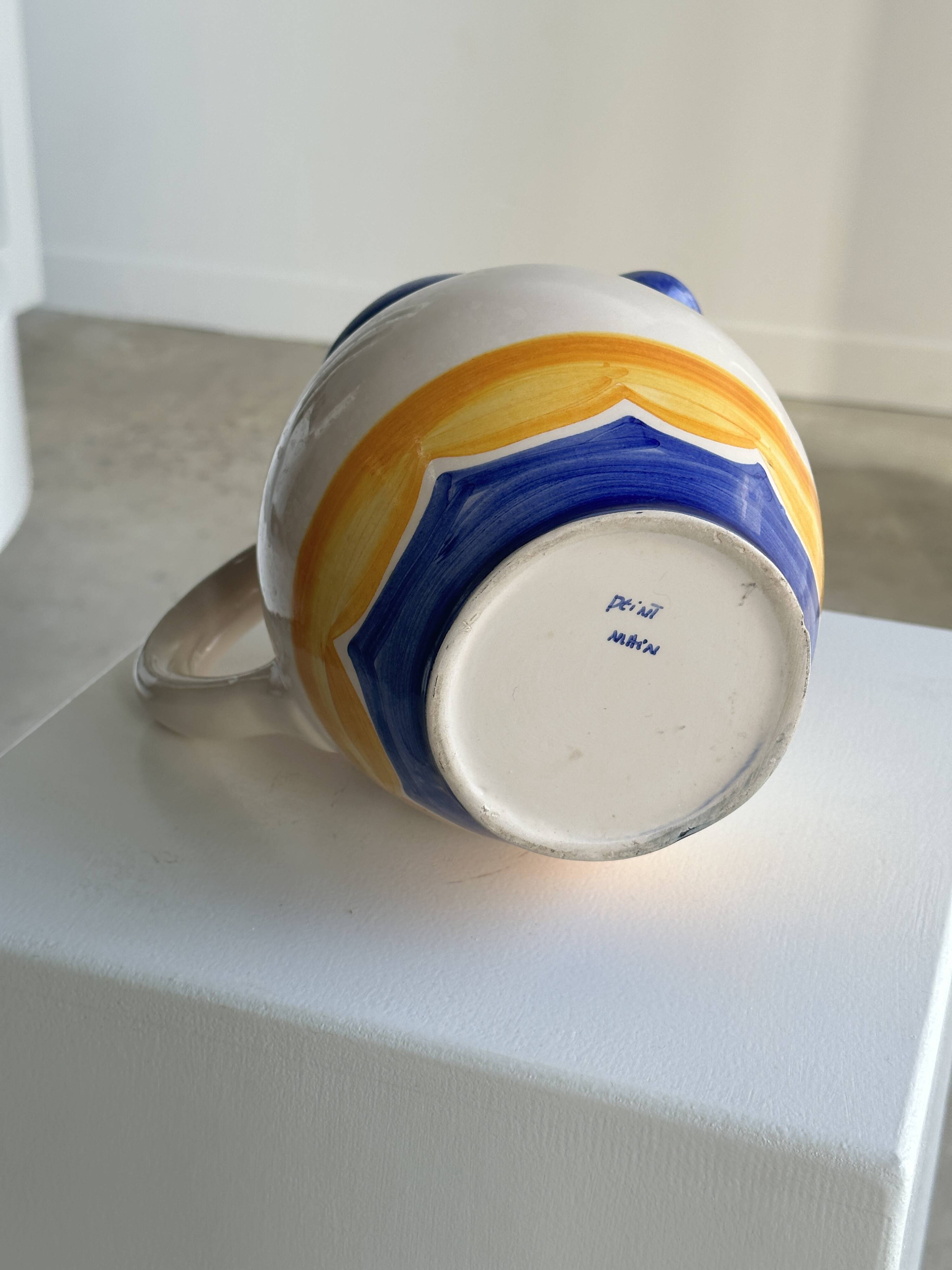 Large blue and yellow hand painted carafe H:20cm