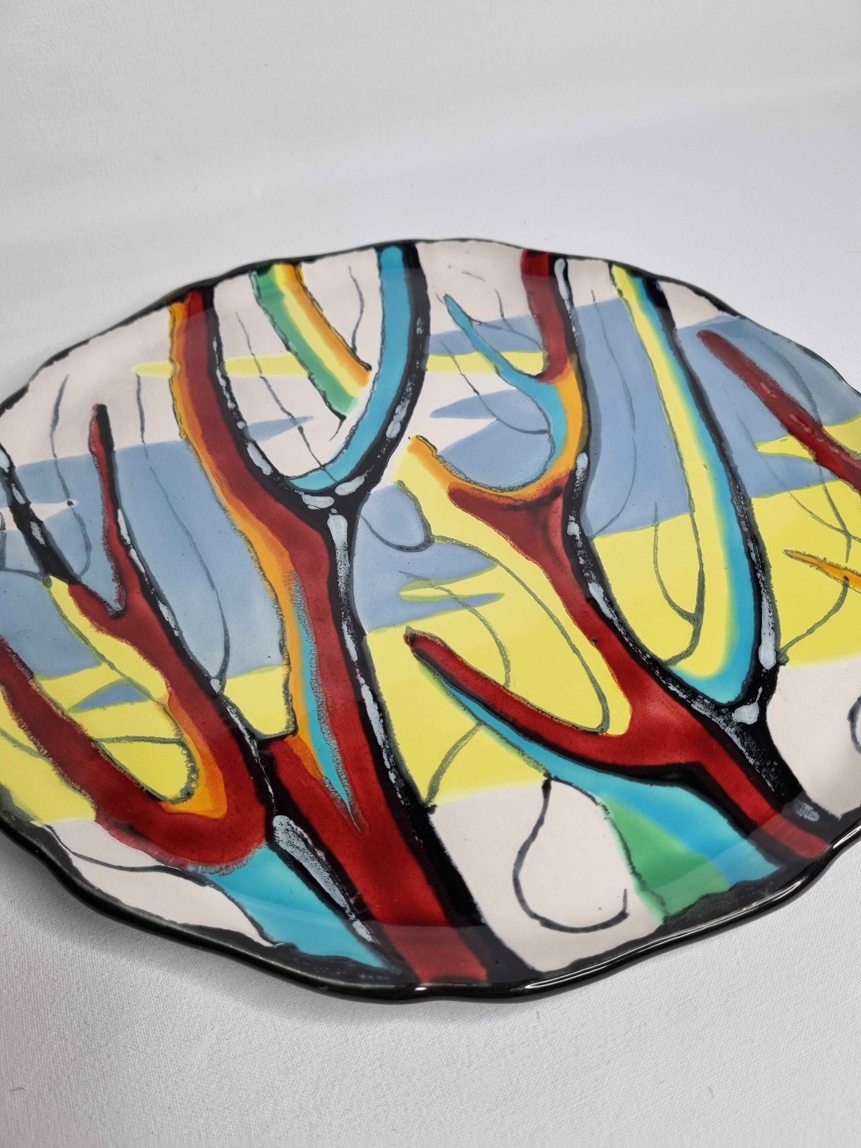 Longwy pie dish 33 cm, "Provence" decor, polychrome abstract, black enamel, numbered, 1960s