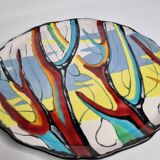Longwy pie dish 33 cm, "Provence" decor, polychrome abstract, black enamel, numbered, 1960s