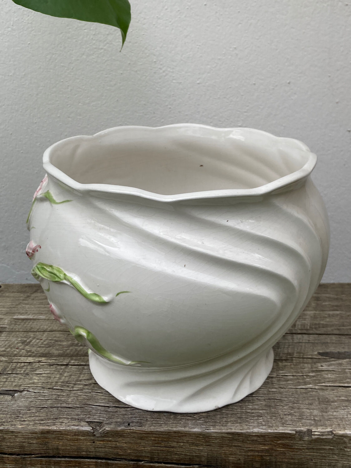 White ceramic pot cache of flower slip and old green foliage