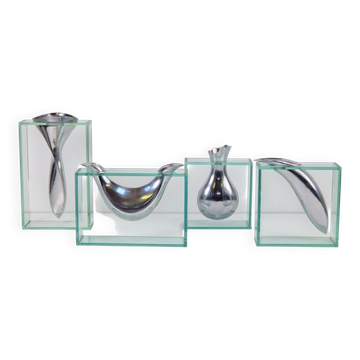 Art Vase in Aluminum and Glass attributed to Lisa Mori, Italy, 1980s, Set of 4