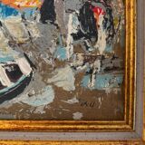 Oil on 20th century panel representing a fishing port by S. Margarit