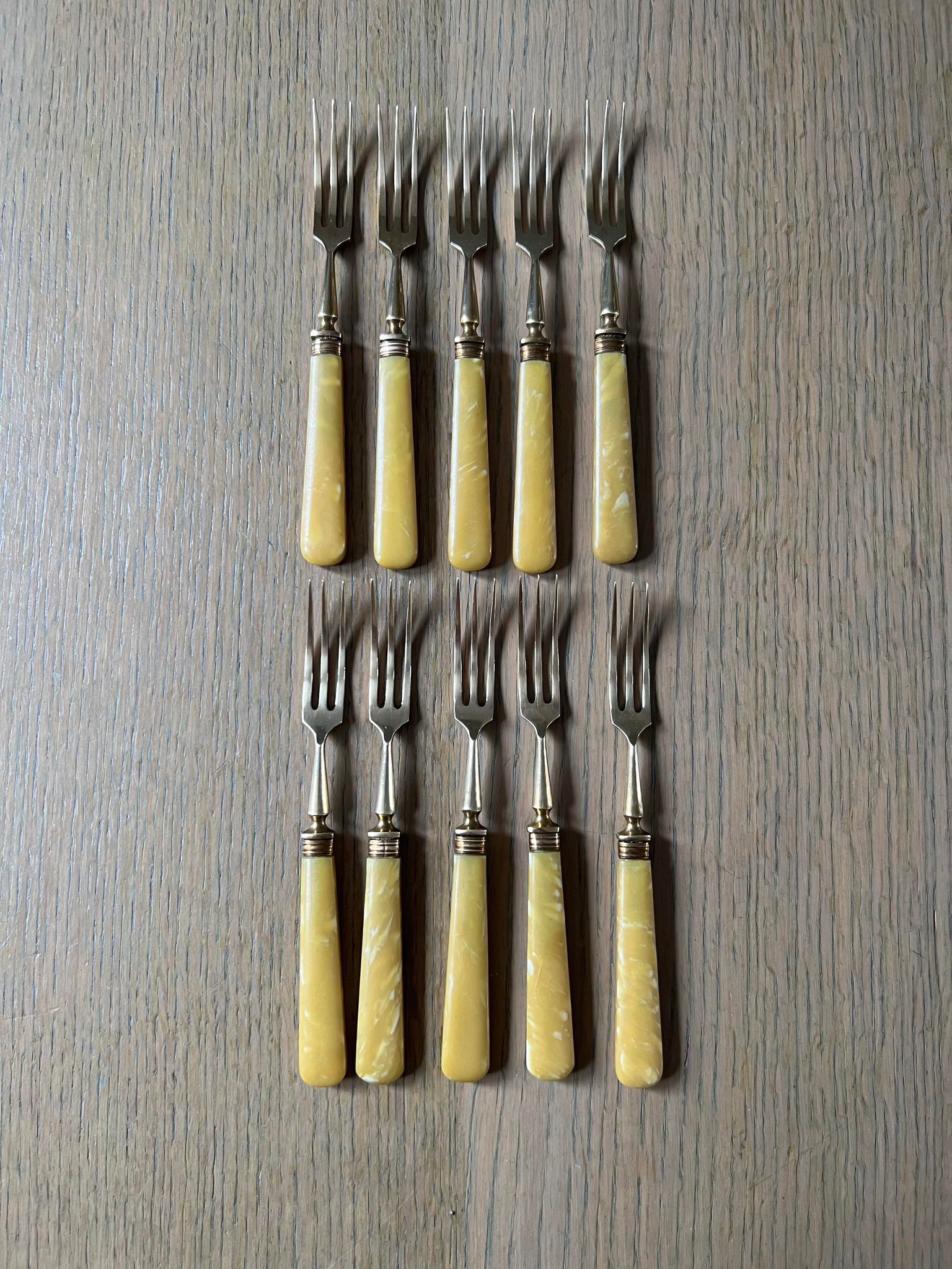 10 antique gold forks for desserts, cheese