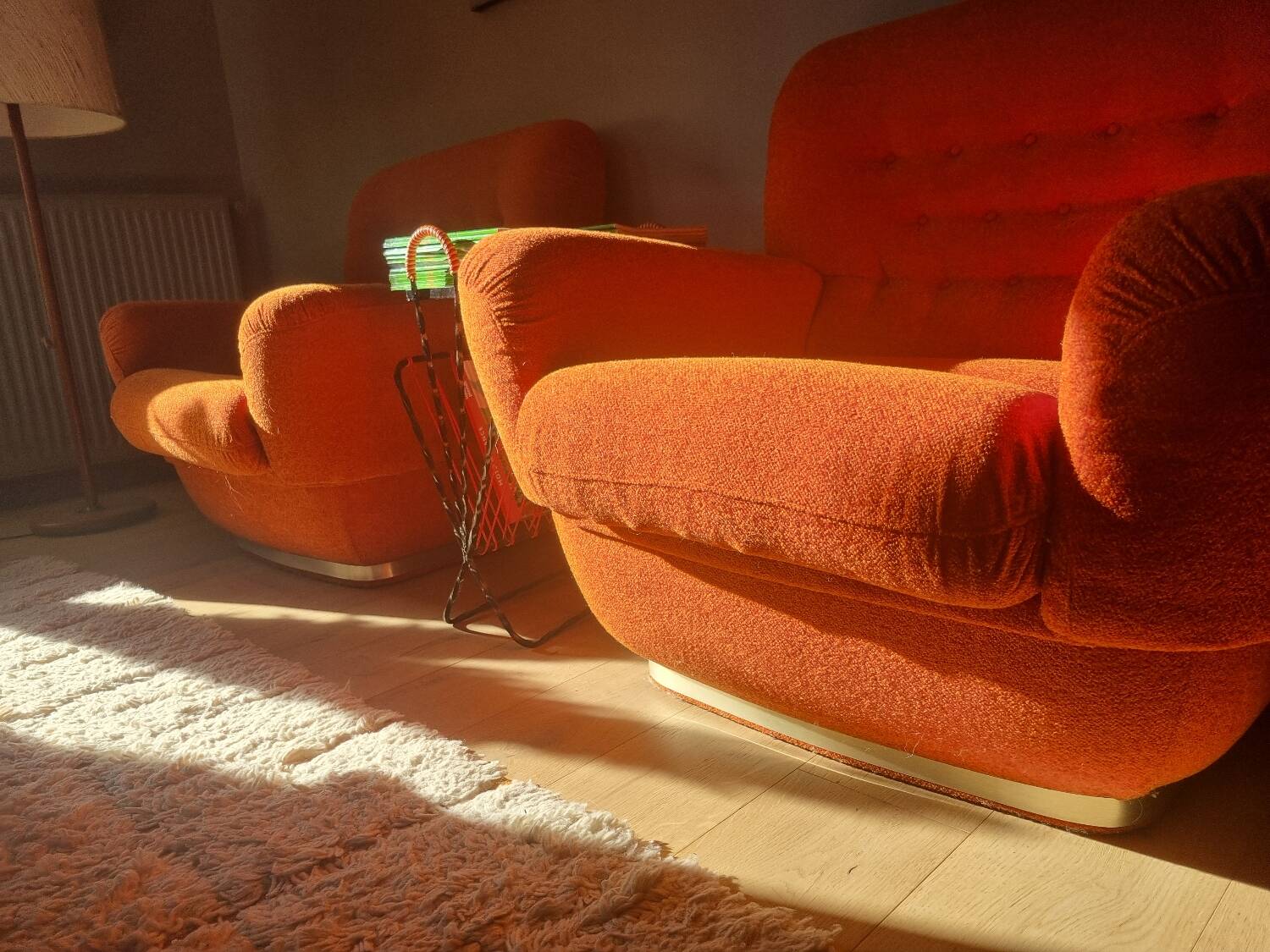 Set of seventies orange sofa and armchairs