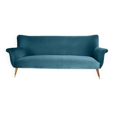 Canapé 3 places en velours allemand, années 1960, bleu océan, restauré