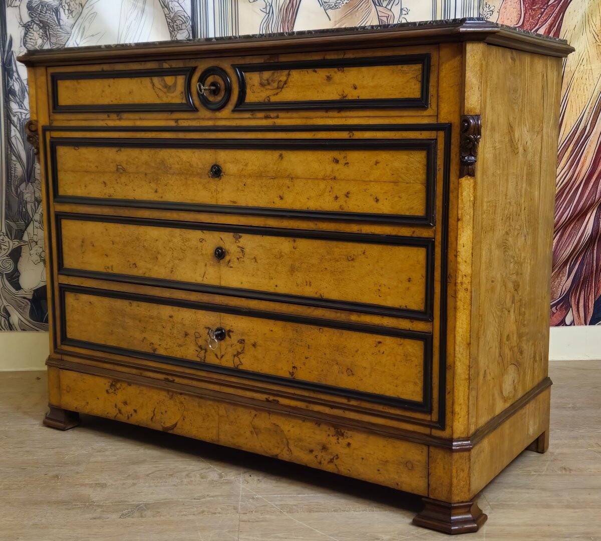 Charles X period commode in maple and blackened pear (circa 1820)