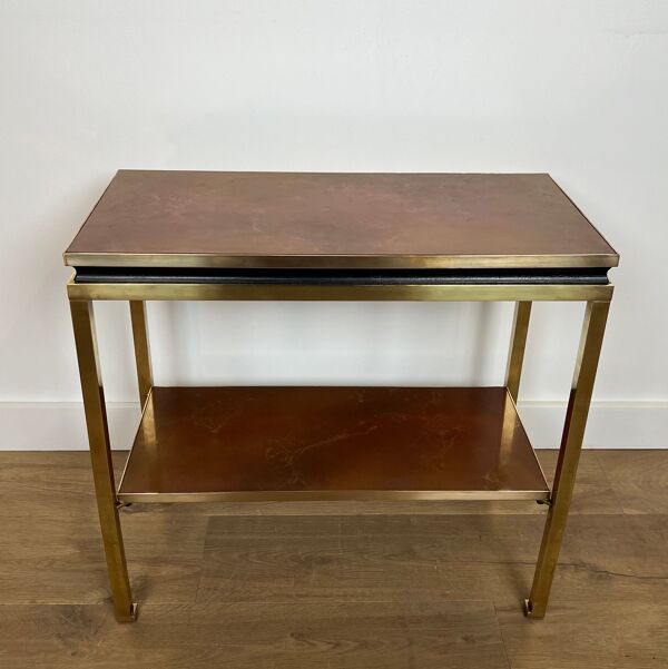 Bout de canapé en laiton, métal laqué noir et plateau de celluloïde ambrés de Guy Lefèvre pour la Maison Jansen