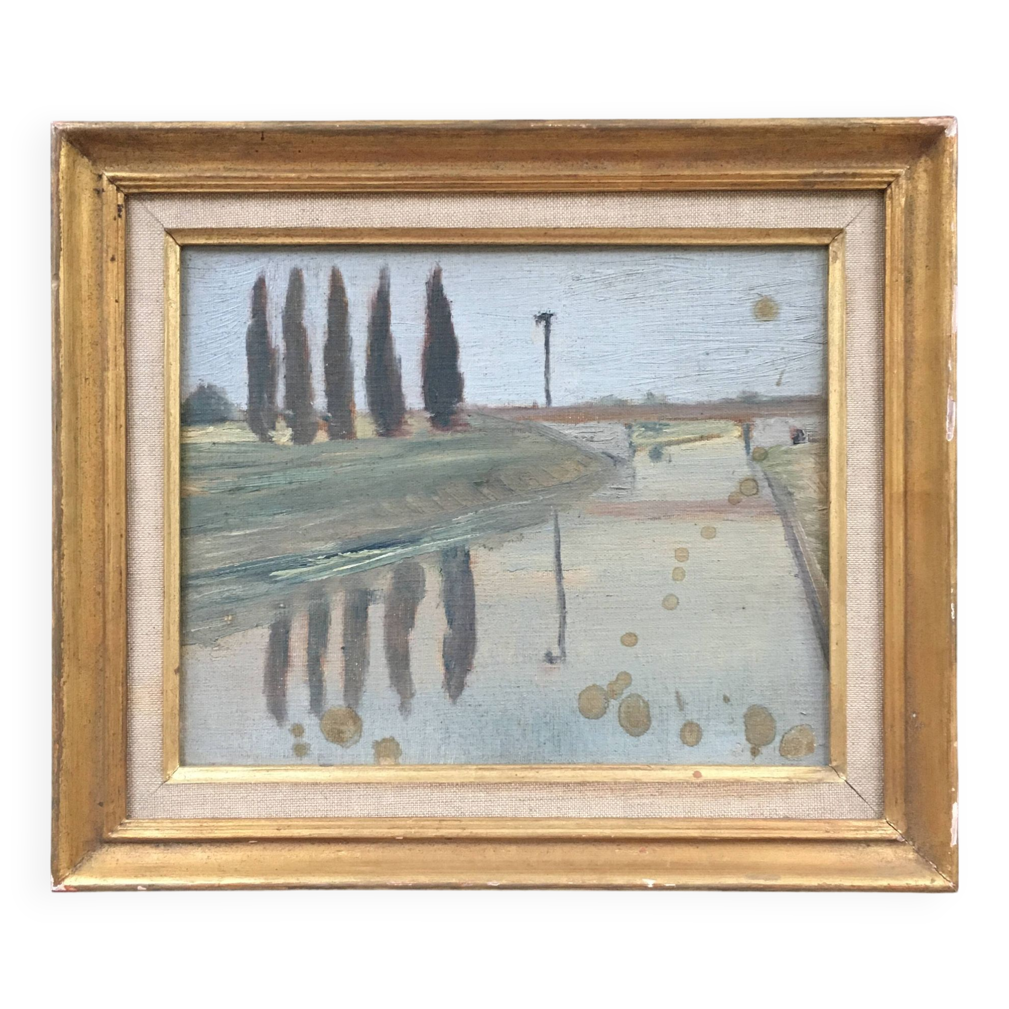 River landscape painting with cypresses