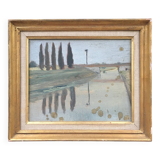 River landscape painting with cypresses