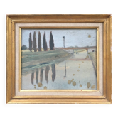 River landscape painting with cypresses