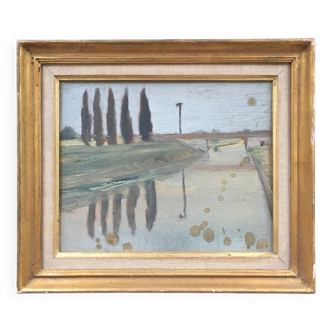 Tableau paysage fluvial aux cyprès