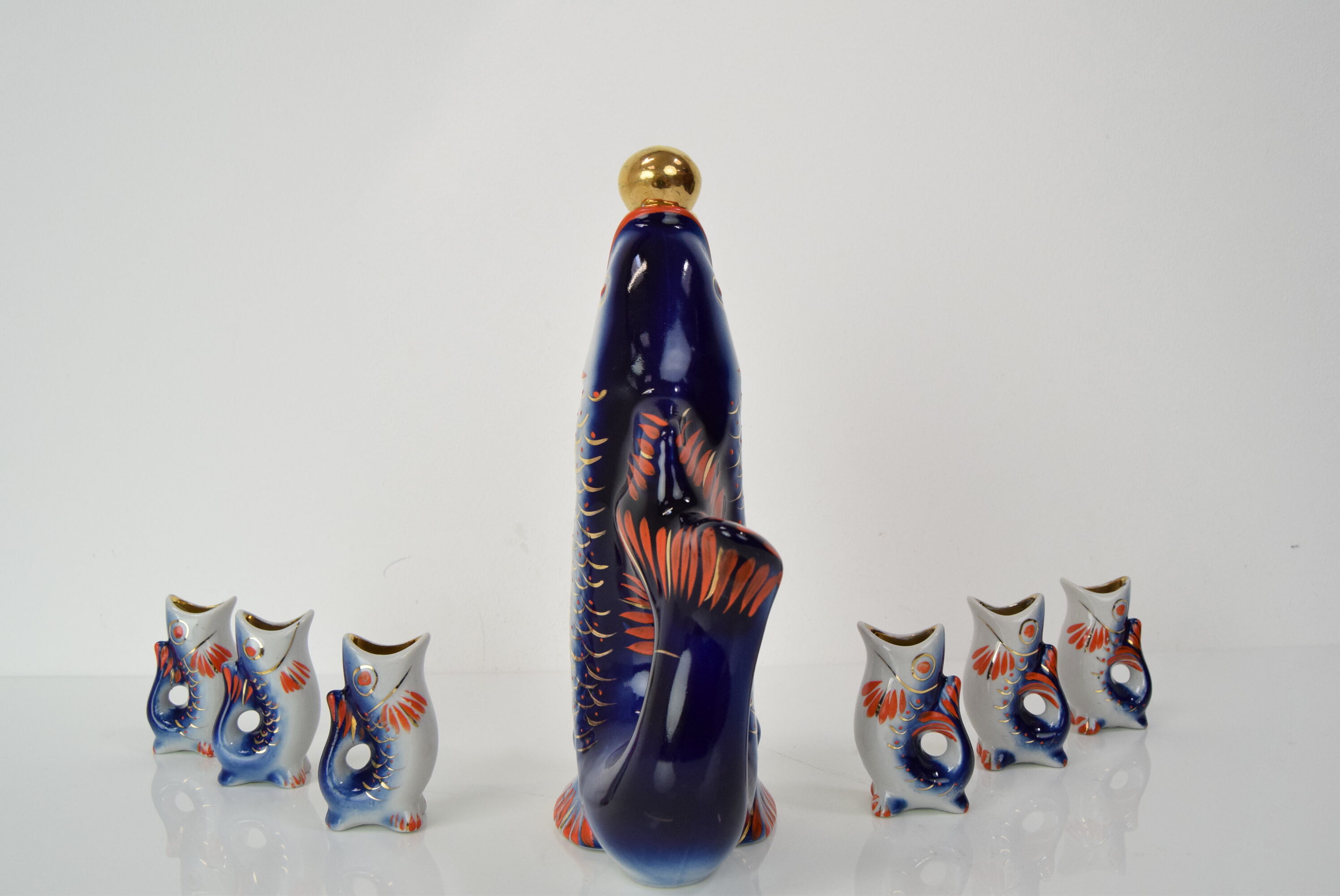 Fish decanter soviet drinking set porcelain fish carafe shots glass,1950's.
