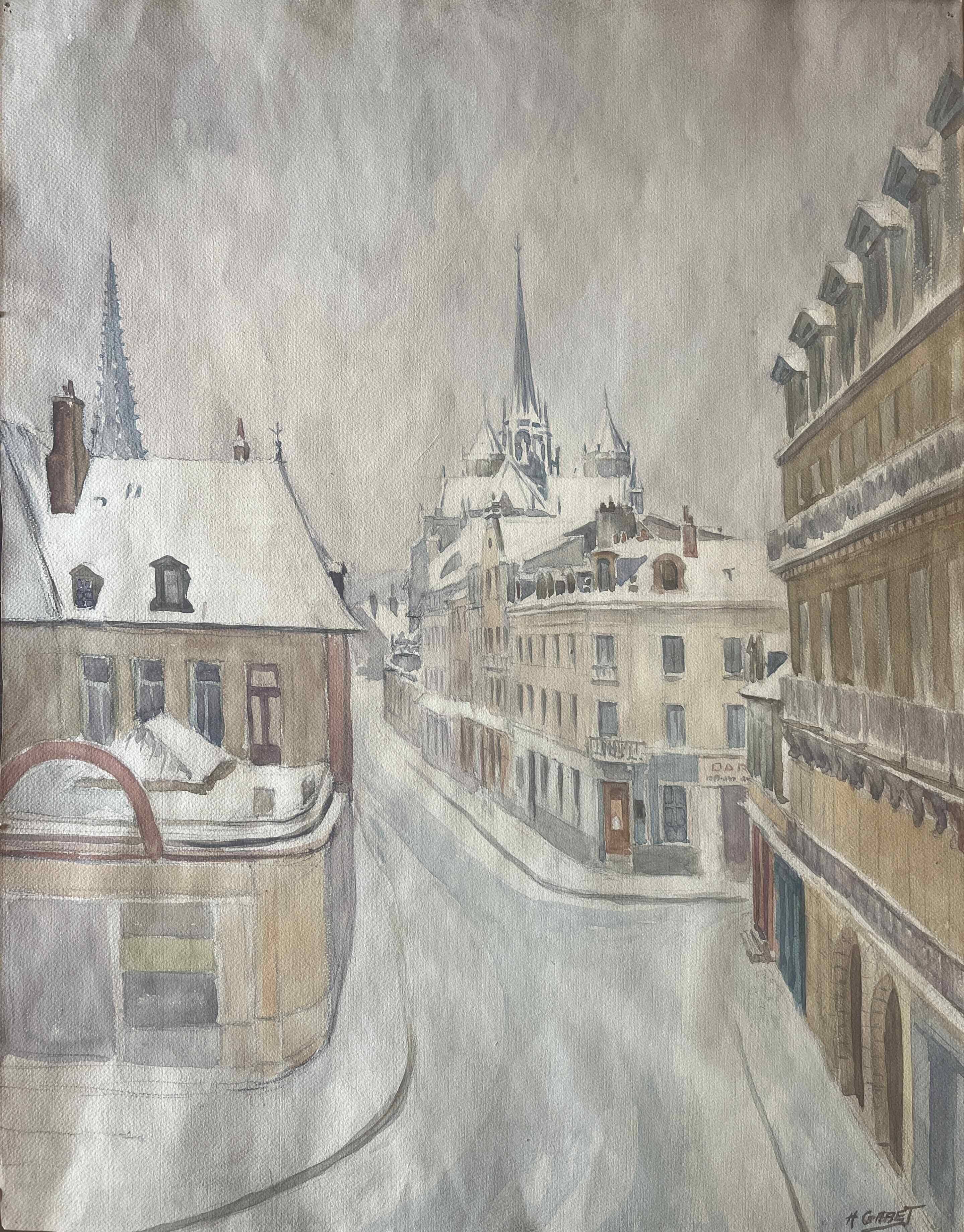 Two-sided watercolor painting Dijon Cathedral St Benigne/ Ouche by Henri Gabet 1899