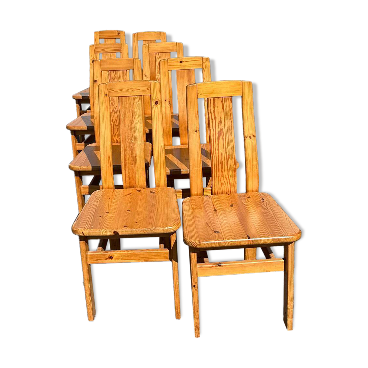 8 brutalist pine chairs, 1970s