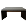 Minimalist/industrial coffee table with a black metal frame and a grey fabric top.