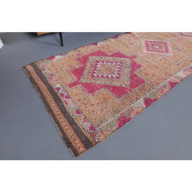 Vintage Turkish Hand-Knotted Wool Cotton Orange Runner Rug 83x355