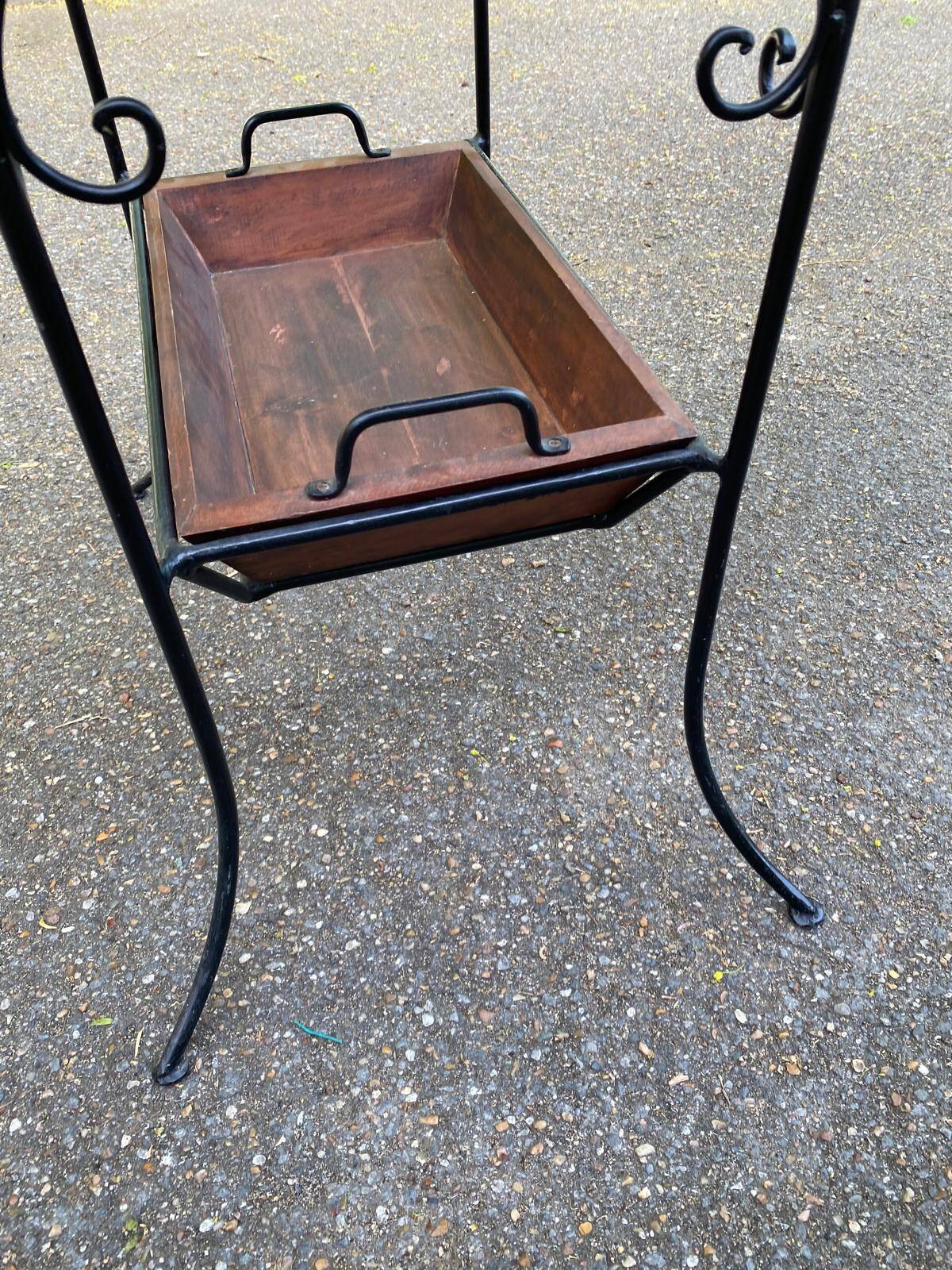 Vintage dessert table in wrought iron and solid wood with double top.