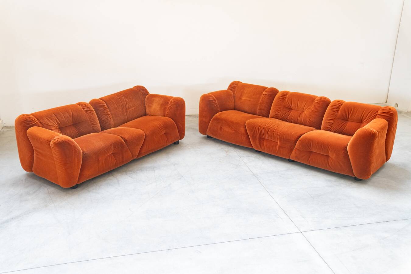 Orange chenille sofas, two and three seats, set of 2, 1970s