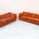 Orange chenille sofas, two and three seats, set of 2, 1970s