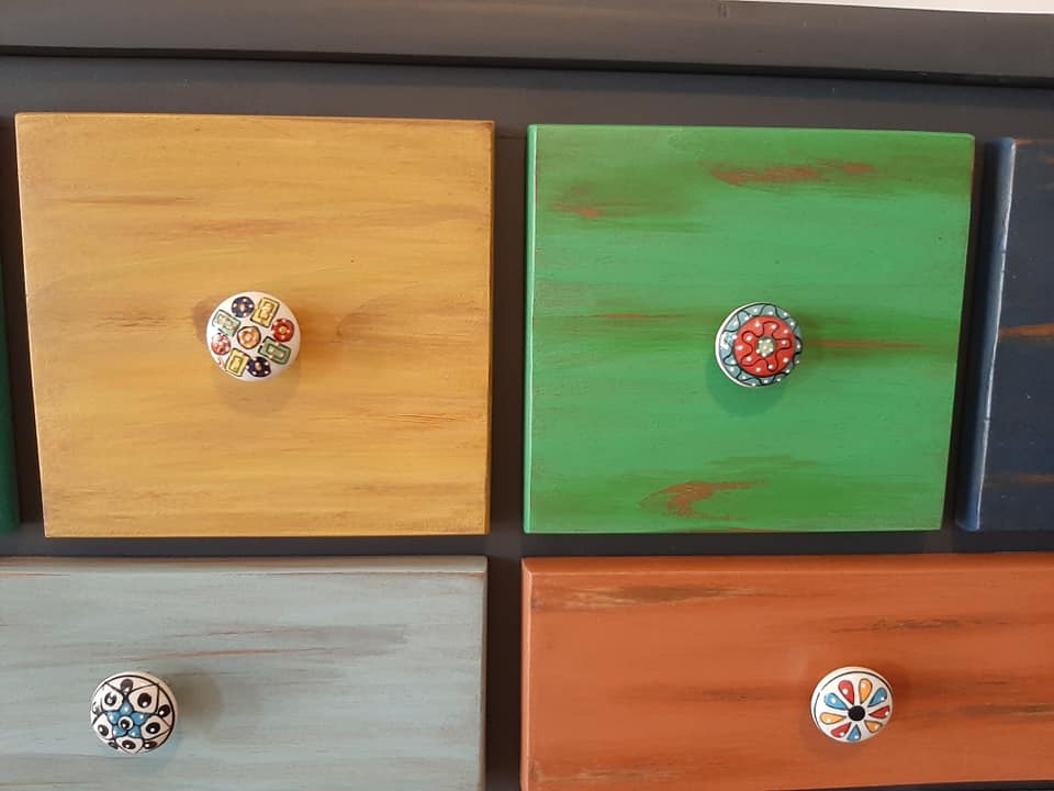 Furniture commode 15 drawers table patchwork patina ebeniste all solid wood multicolored