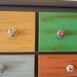 Furniture commode 15 drawers table patchwork patina ebeniste all solid wood multicolored