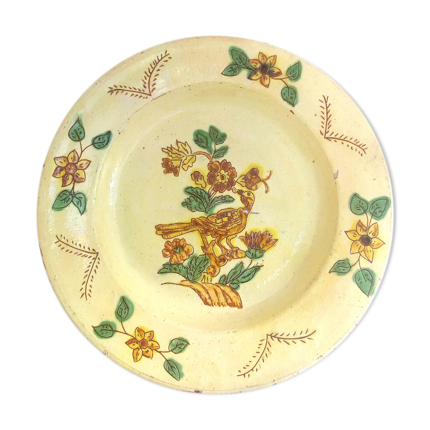 Plat XL d'art populaire aux fleurs et à l'oiseau