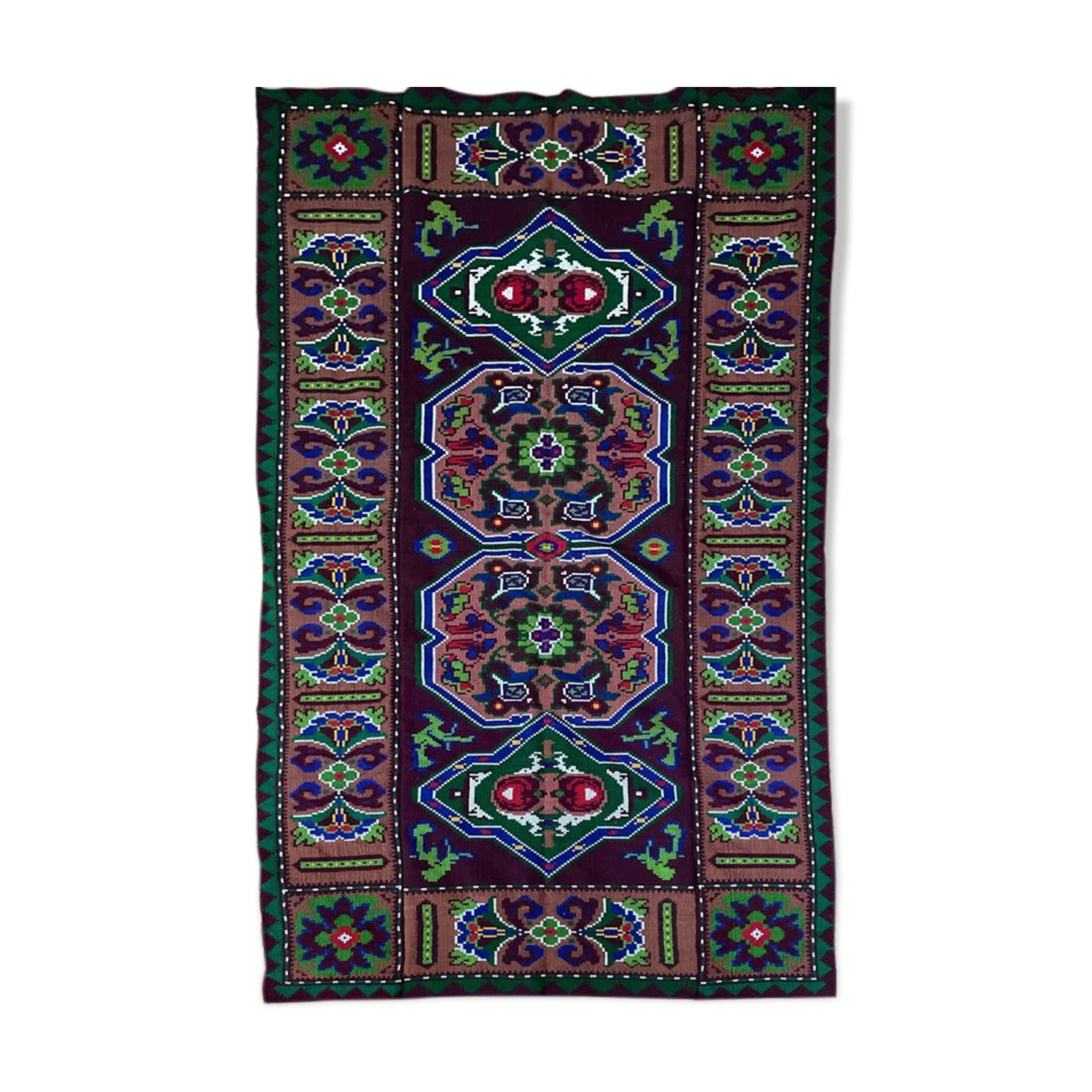 Handwoven vintage accent geometrical rug, colorful wool, wine colour with green and blue accents