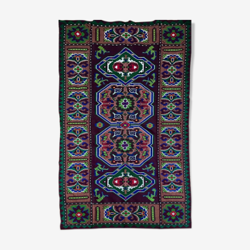 Tapis géométrique d’accent vintage tissé à la main laine colorée, couleur vin aux accents verts et bleus