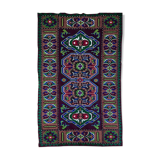 Handwoven vintage accent geometrical rug, colorful wool, wine colour with green and blue accents