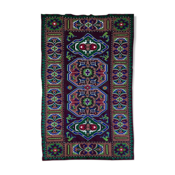 Handwoven vintage accent geometrical rug, colorful wool, wine colour with green and blue accents