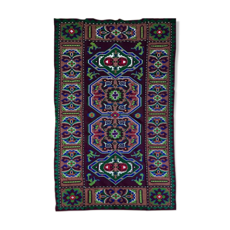Handwoven vintage accent geometrical rug, colorful wool, wine colour with green and blue accents
