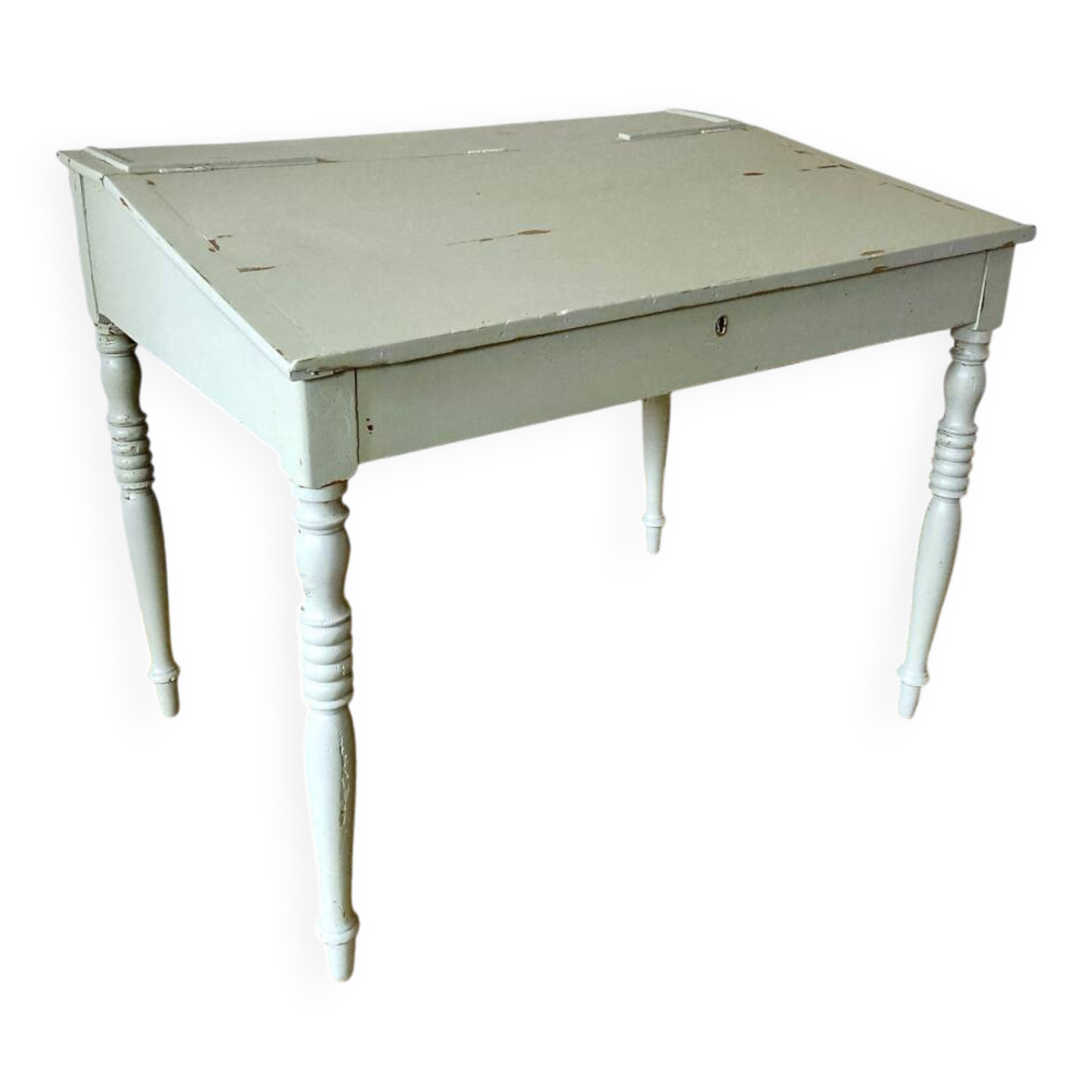 Antique wooden sloped desk, with a drop-down front and turned legs.
