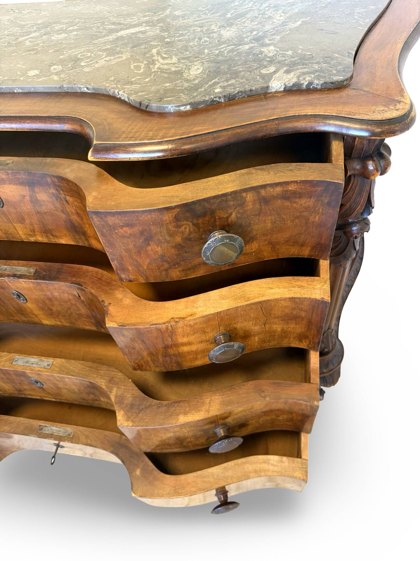 serpentine commode in antique walnut