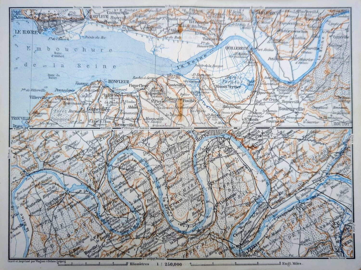 The Seine and its estuary, original map printed in 1902.