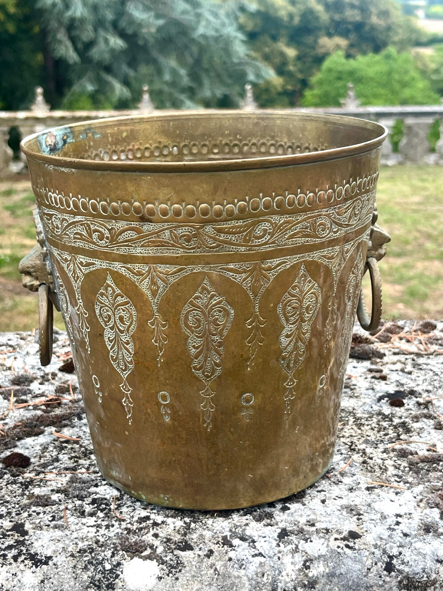 Persian Brass Champagne Bucket, Hand Engraved Ram Head Handles
