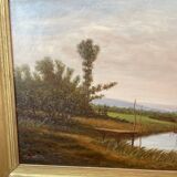 Tableau huile bord de rivière signé EM