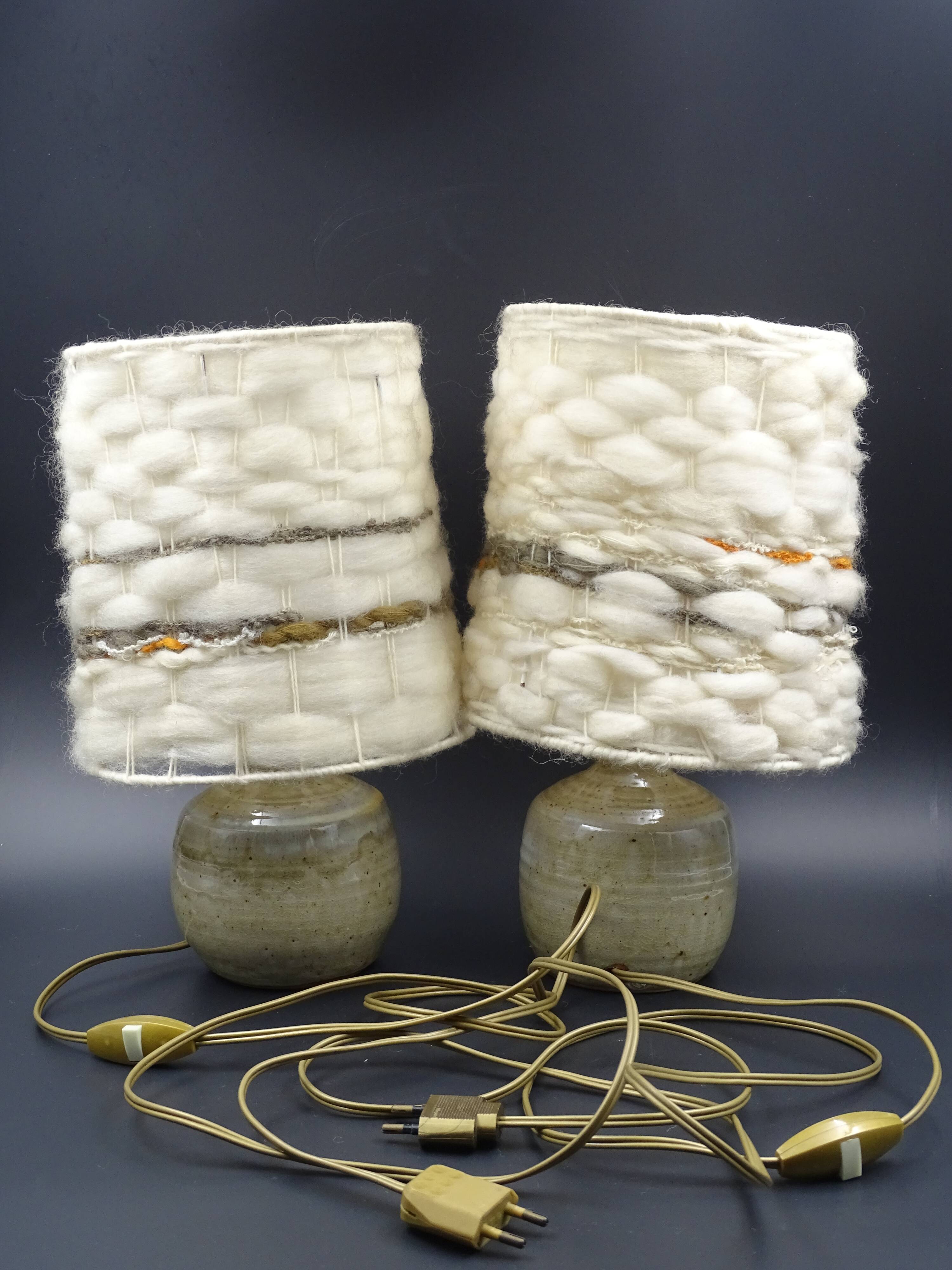 Pair of bedside lamps in stoneware and wool lampshades - Vintage around 1970