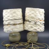 Pair of bedside lamps in stoneware and wool lampshades - Vintage around 1970