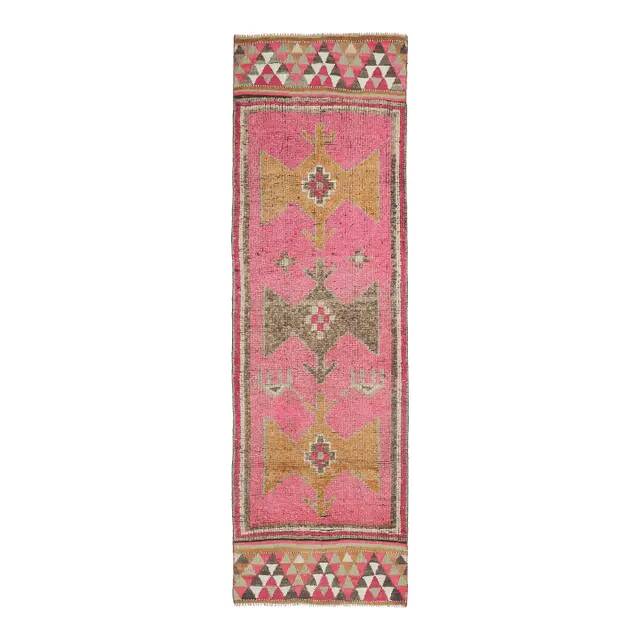 Vintage Turkish Hand-Knotted Wool Cotton Pink Runner Rug 90x298
