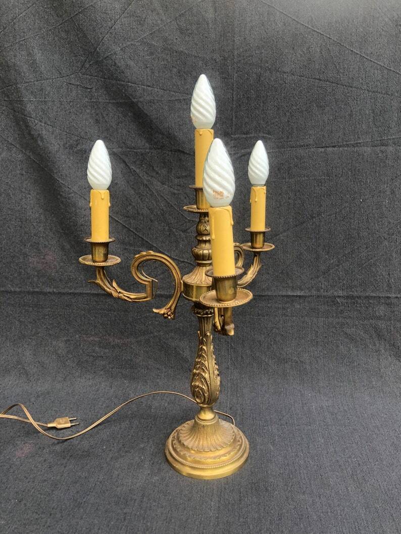 Vintage French Bronze and Brass Table Lamp: Louis XVI Style, 4-Branch C1950