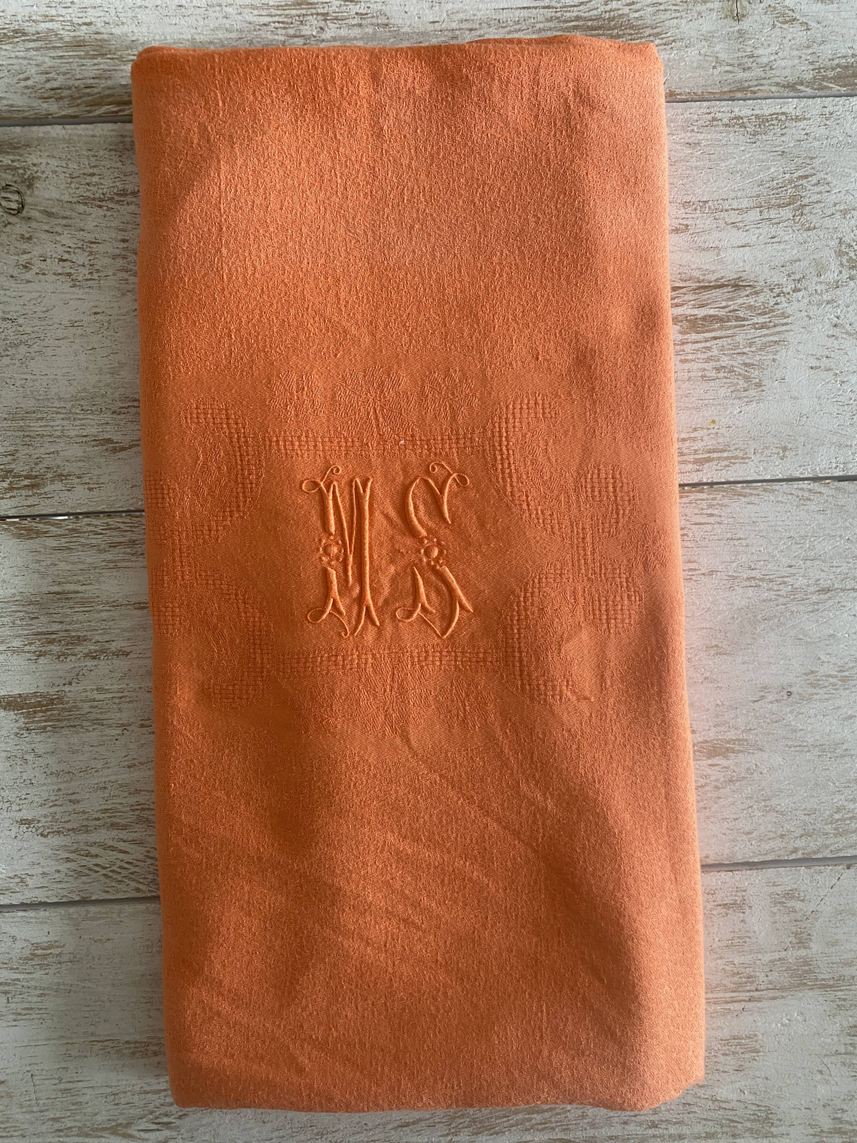 Antique dyed damask tablecloth, monogrammed SW or MS - cotton - 225x145 cm