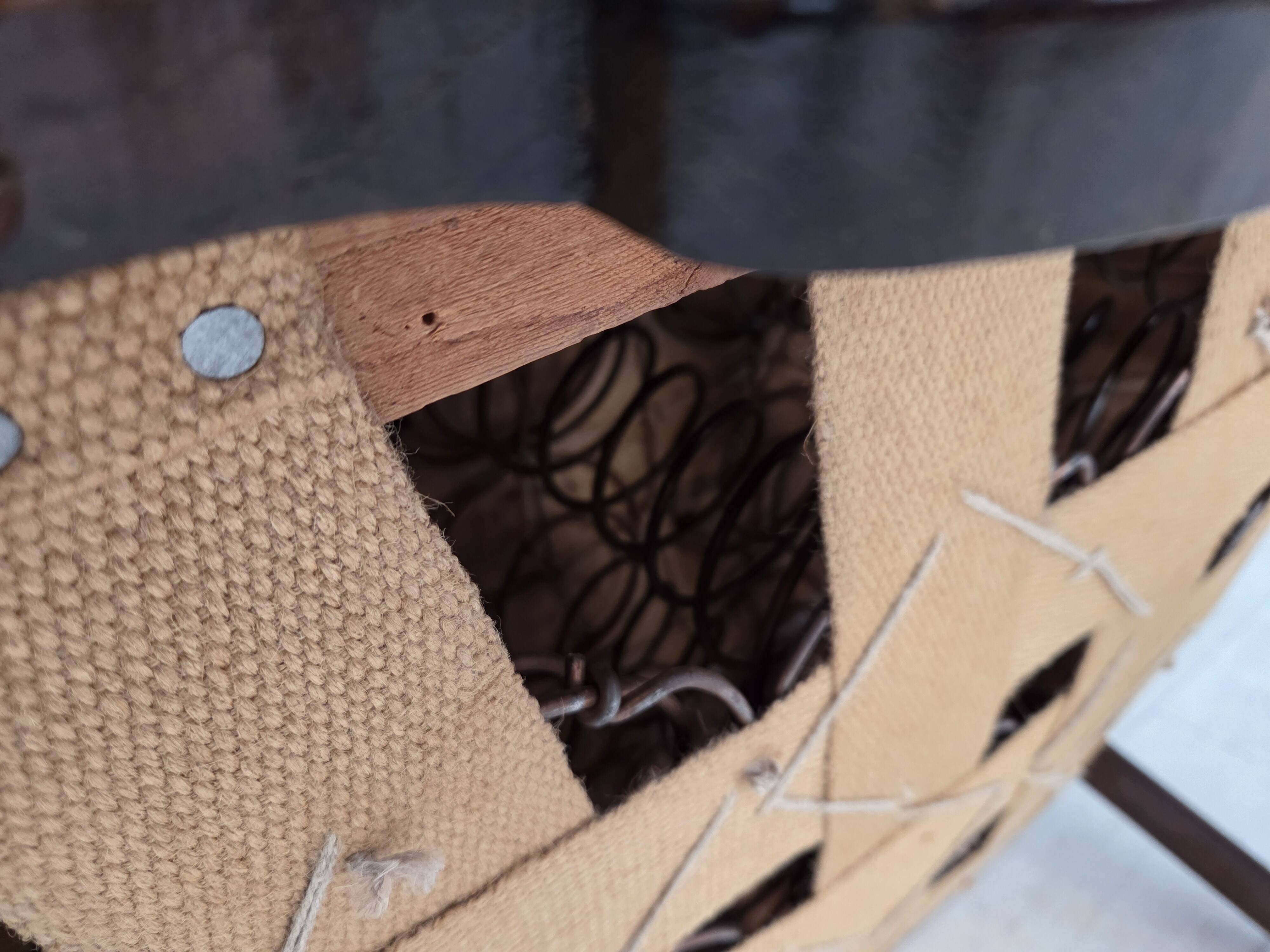 1950s, Danish armchair, red and light grey furniture wool, carved oak wood.