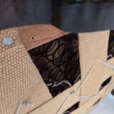 1950s, Danish armchair, red and light grey furniture wool, carved oak wood.