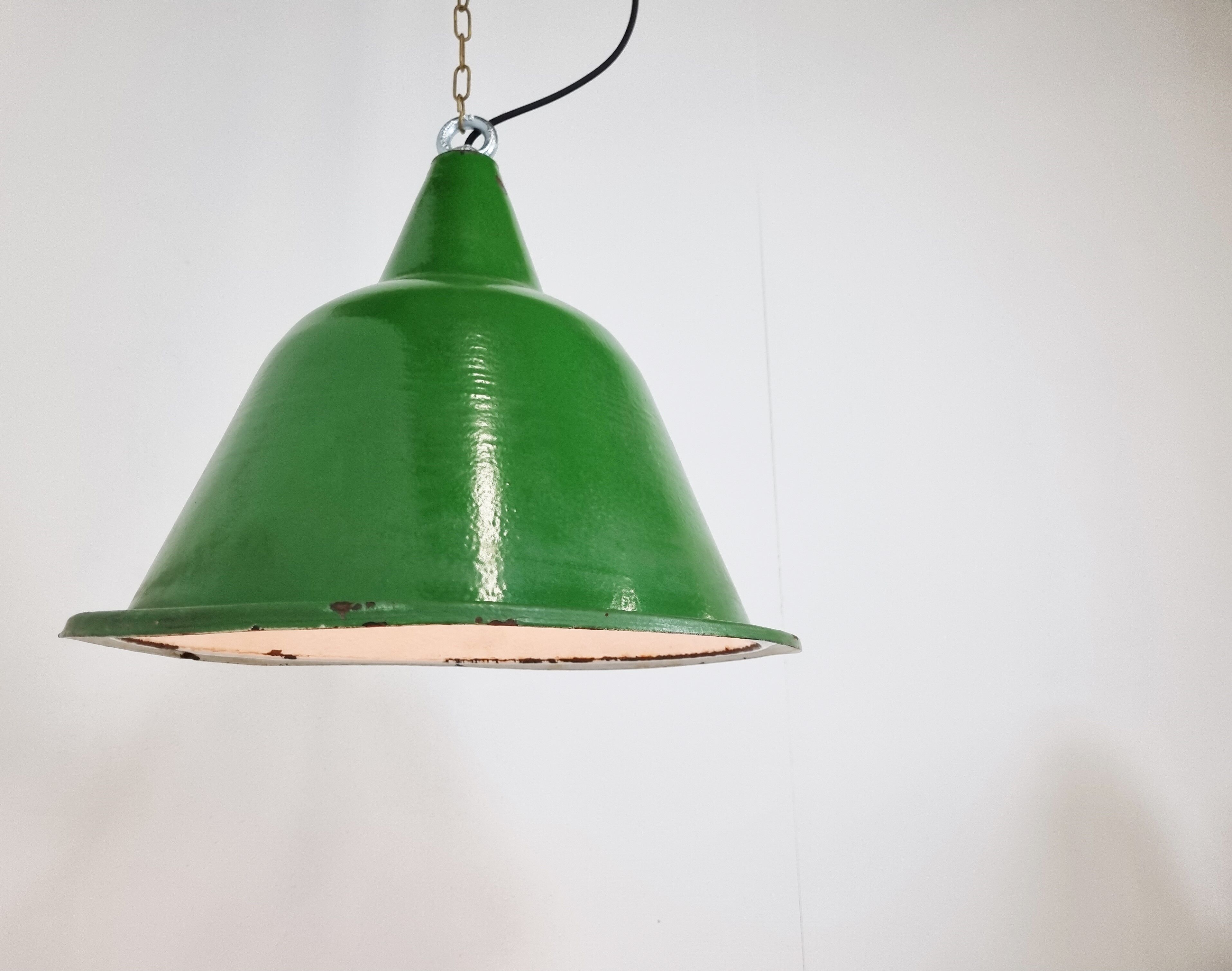 Large vintage industrial green enamel pendant lights, 1960s